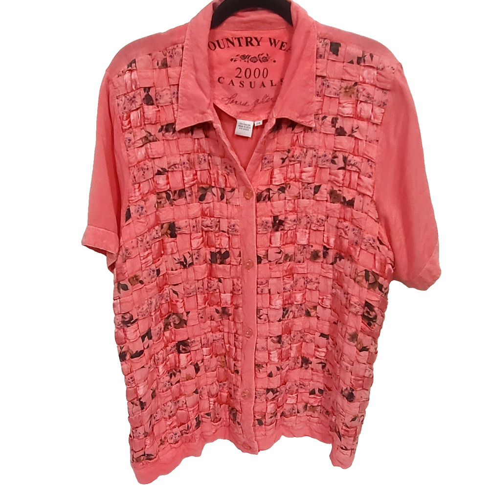 Country Wear 2000 | Salmon Pink Floral Cottagecore Button Up - 2X